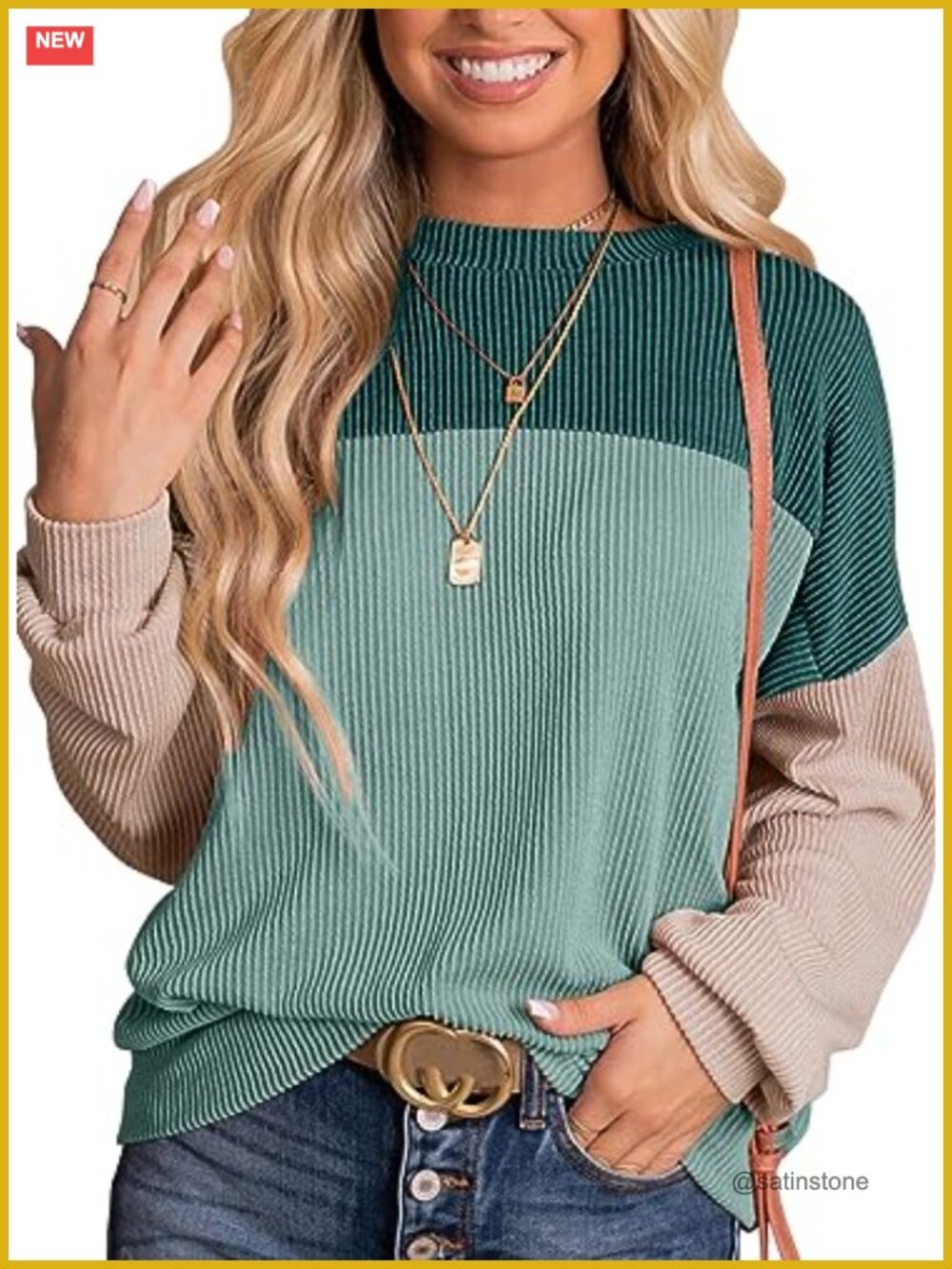 Long Sleeve Color Block Knit Tunic - Crewneck Drop Shoulder